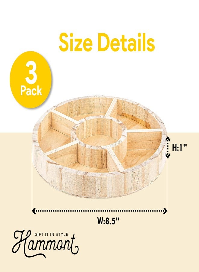 Hammont Round Wooden Tray – 3-Pack – 8.5″ x 1″ – 6 Section Divided Serving & Snack Platter for Appetizers, Veggies, Montessori Activities - Image 2